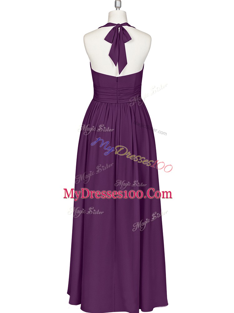 Eggplant Purple Halter Top Zipper Ruching Prom Evening Gown Sleeveless
