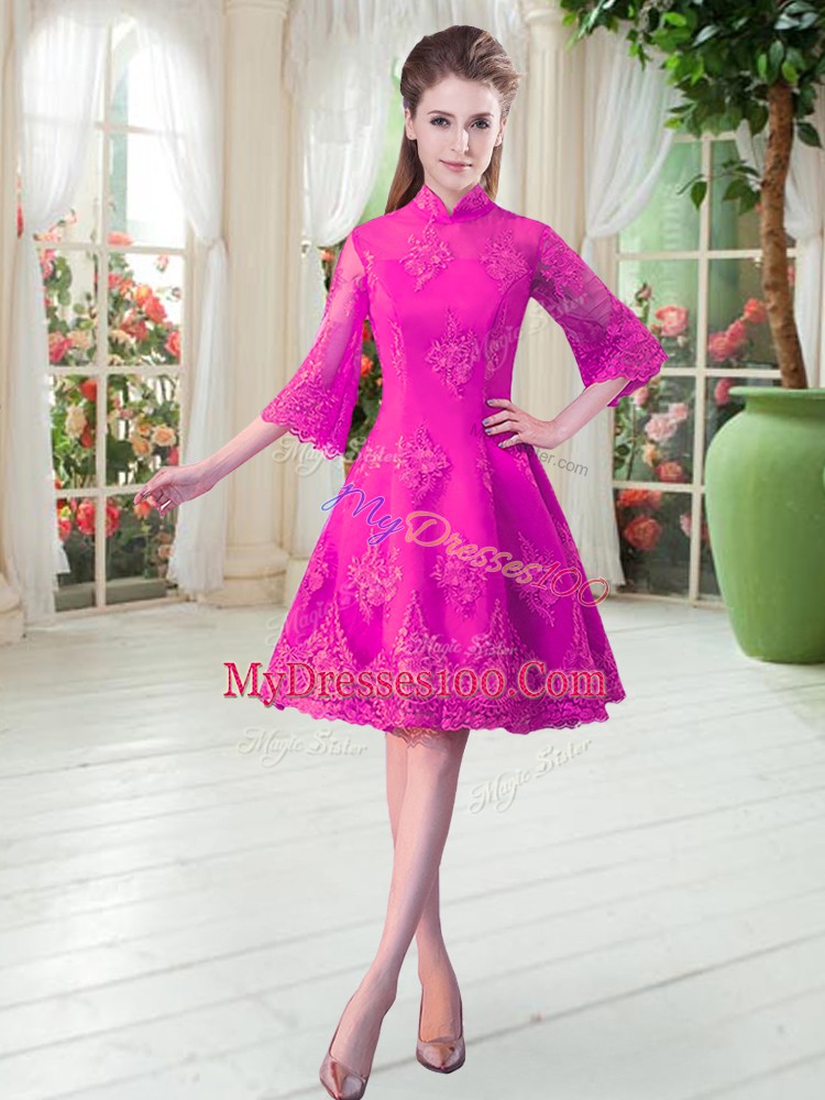 Beauteous High-neck 3 4 Length Sleeve Zipper Prom Gown Fuchsia