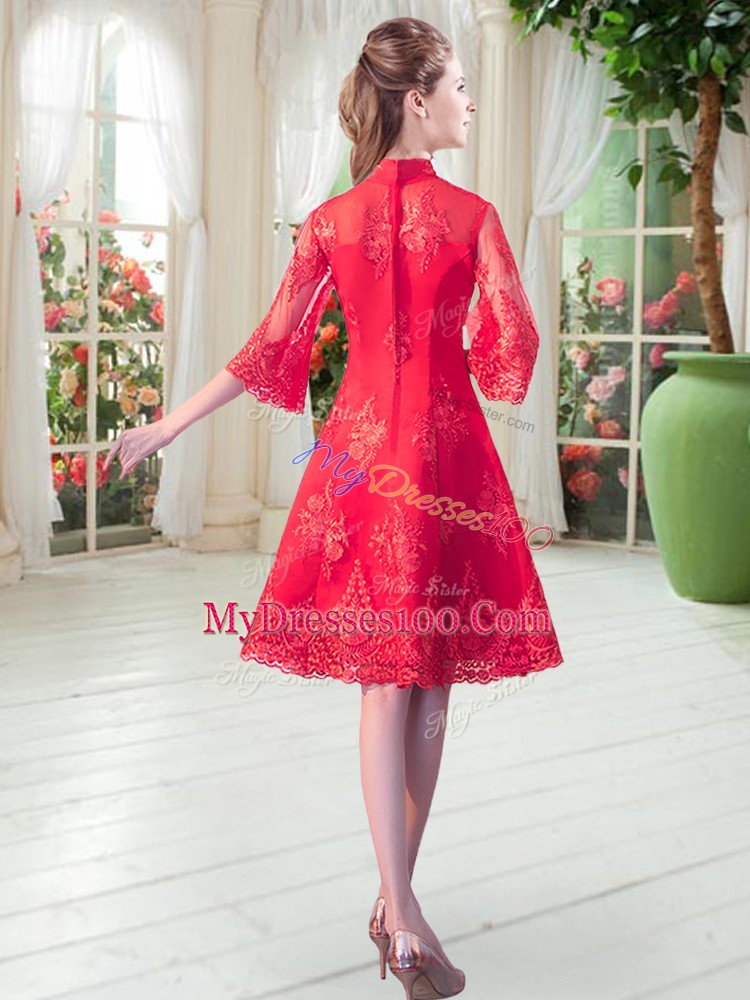 Beauteous High-neck 3 4 Length Sleeve Zipper Prom Gown Fuchsia