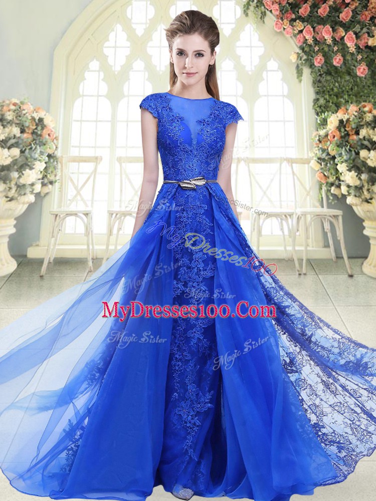 Cap Sleeves Lace and Appliques Zipper Prom Party Dress with Blue Sweep Train