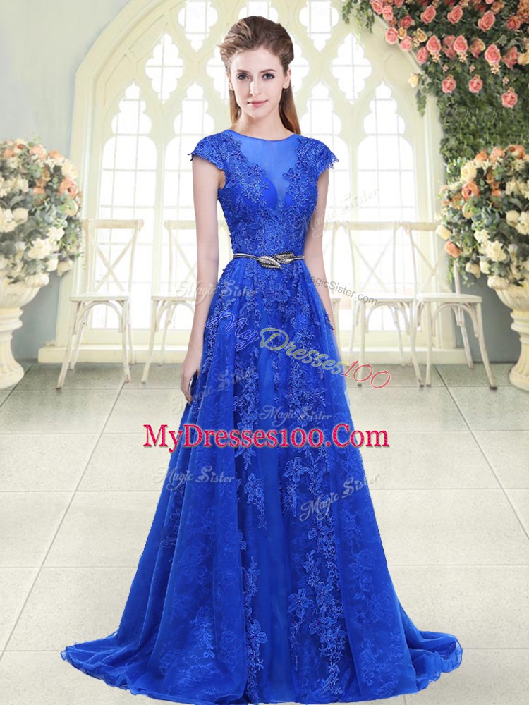 Cap Sleeves Lace and Appliques Zipper Prom Party Dress with Blue Sweep Train