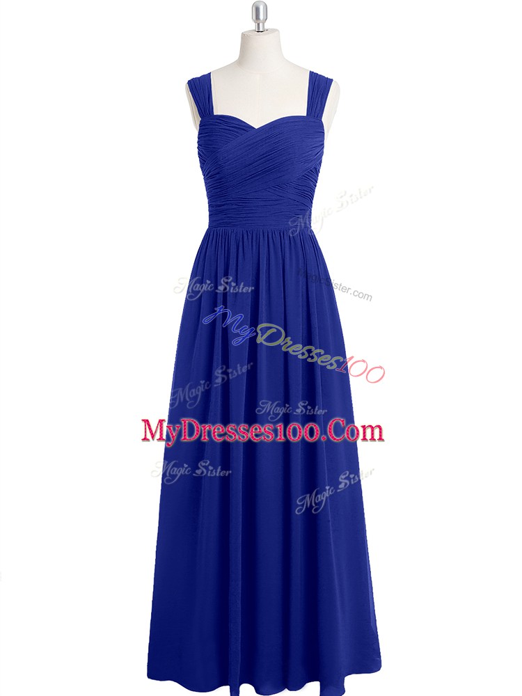Traditional Royal Blue Empire Chiffon Straps Sleeveless Ruching Floor Length Zipper Prom Party Dress