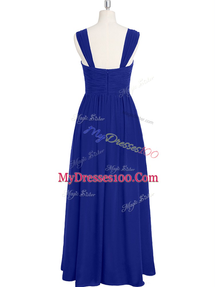 Traditional Royal Blue Empire Chiffon Straps Sleeveless Ruching Floor Length Zipper Prom Party Dress
