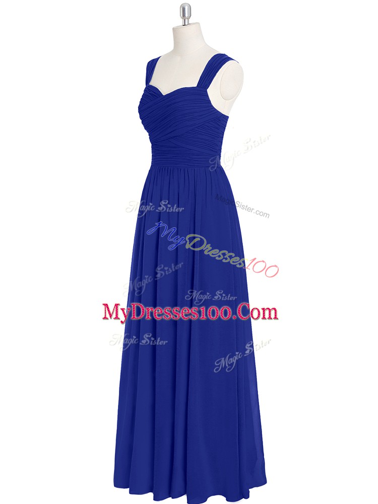 Traditional Royal Blue Empire Chiffon Straps Sleeveless Ruching Floor Length Zipper Prom Party Dress