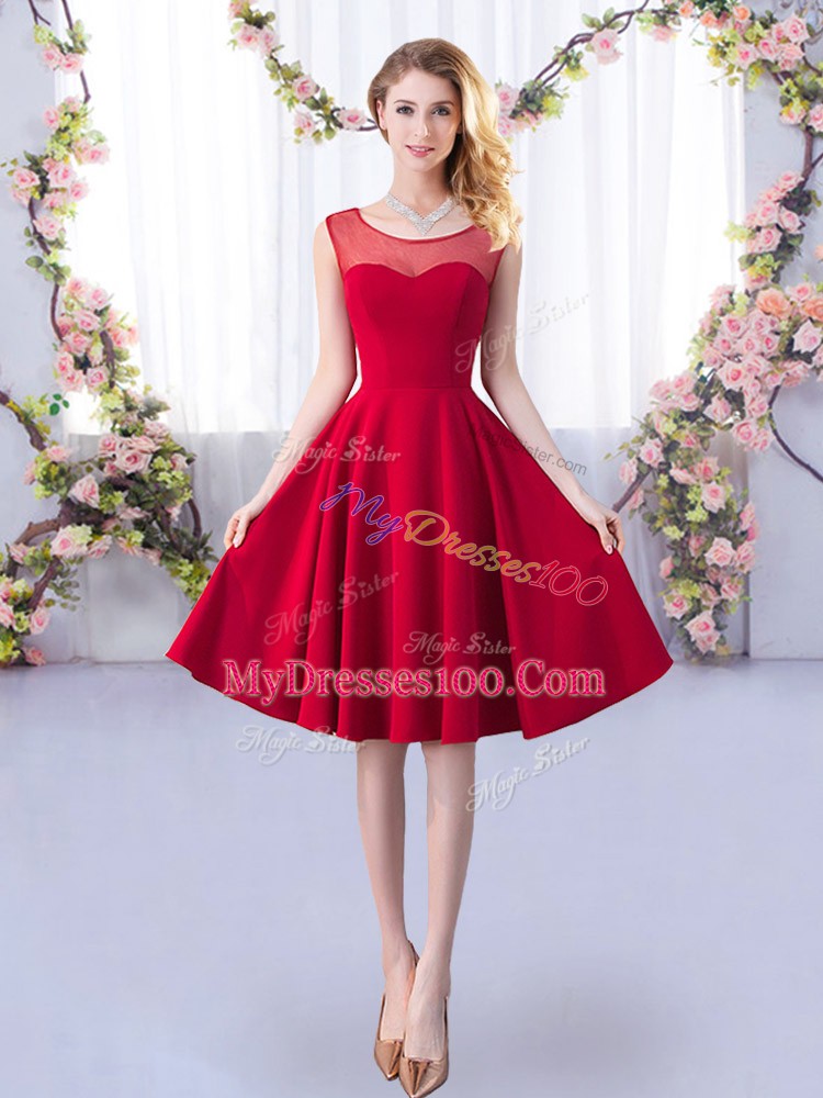 Red Scoop Neckline Ruching Wedding Guest Dresses Sleeveless Zipper