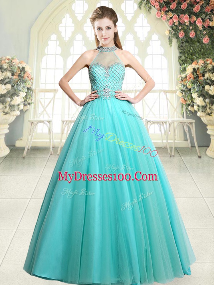 Designer Aqua Blue Zipper Prom Gown Beading Sleeveless Floor Length