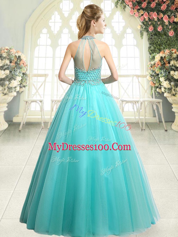 Designer Aqua Blue Zipper Prom Gown Beading Sleeveless Floor Length