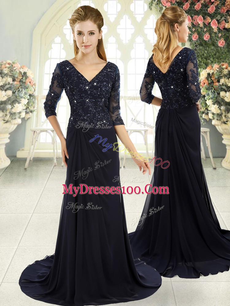 Customized Navy Blue Half Sleeves Chiffon Sweep Train Zipper Prom Dress for Prom and Party and Military Ball