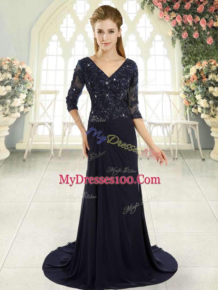 Customized Navy Blue Half Sleeves Chiffon Sweep Train Zipper Prom Dress for Prom and Party and Military Ball