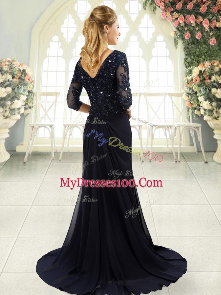 Customized Navy Blue Half Sleeves Chiffon Sweep Train Zipper Prom Dress for Prom and Party and Military Ball
