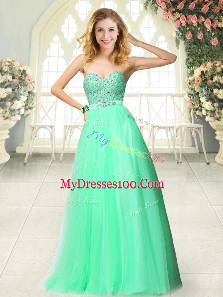 Apple Green Tulle Zipper Sweetheart Sleeveless Floor Length Prom Evening Gown Beading