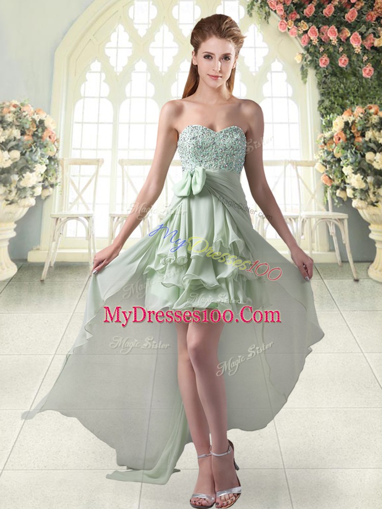 Fantastic Sleeveless High Low Beading and Ruffled Layers Zipper Womens Evening Dresses with Apple Green