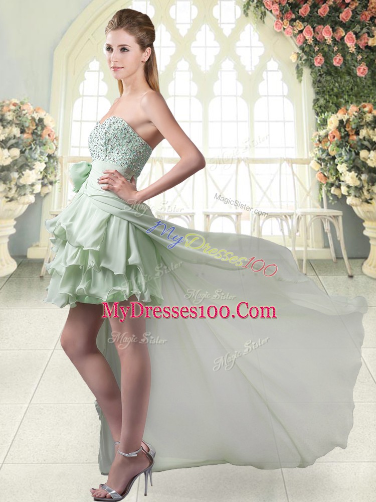 Fantastic Sleeveless High Low Beading and Ruffled Layers Zipper Womens Evening Dresses with Apple Green
