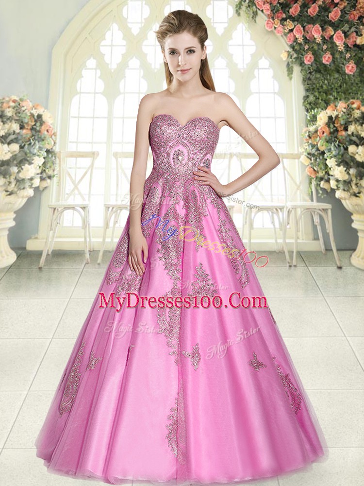 Eye-catching Rose Pink Tulle Lace Up Sleeveless Floor Length Appliques