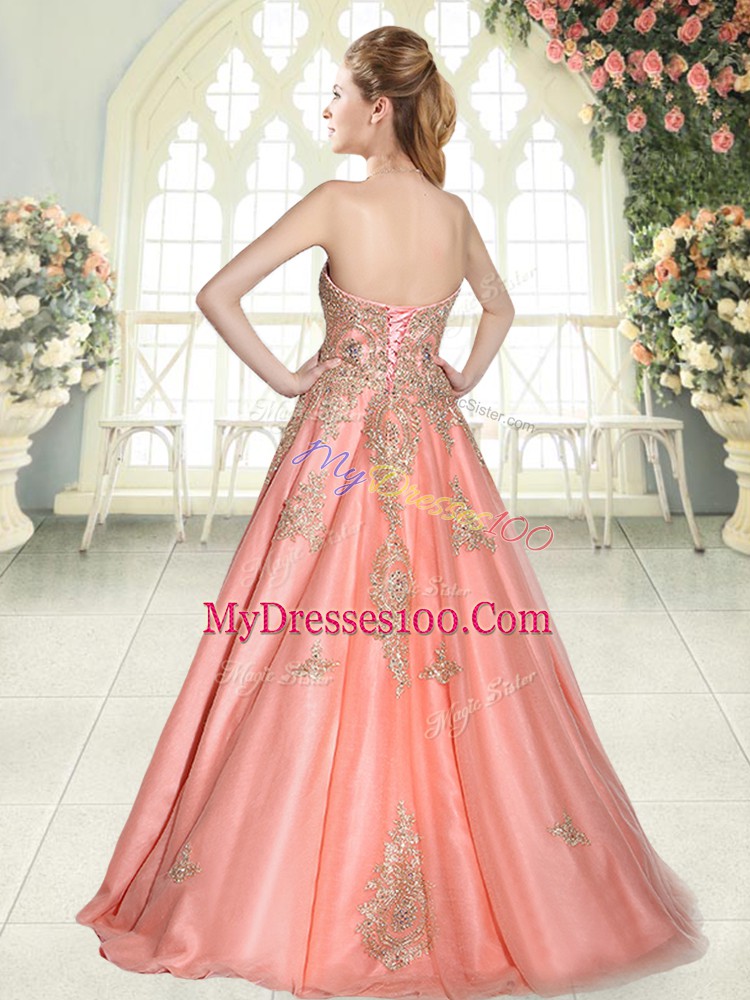 Eye-catching Rose Pink Tulle Lace Up Sleeveless Floor Length Appliques