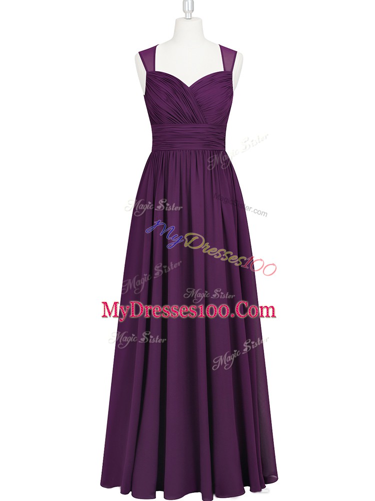 Eggplant Purple Chiffon Zipper Dress for Prom Sleeveless Floor Length Ruching