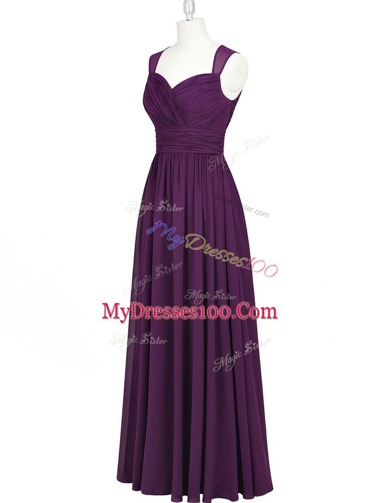 Eggplant Purple Chiffon Zipper Dress for Prom Sleeveless Floor Length Ruching