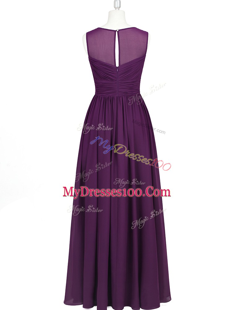 Eggplant Purple Chiffon Zipper Dress for Prom Sleeveless Floor Length Ruching