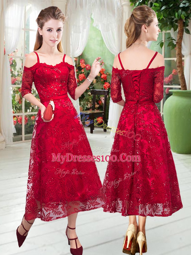 Designer Half Sleeves Zipper Tea Length Lace Prom Party Dress