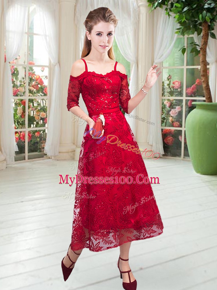 Designer Half Sleeves Zipper Tea Length Lace Prom Party Dress