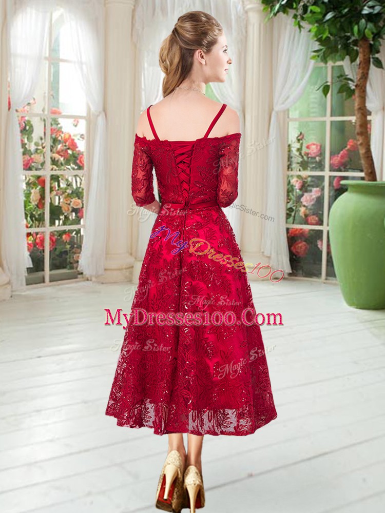 Designer Half Sleeves Zipper Tea Length Lace Prom Party Dress