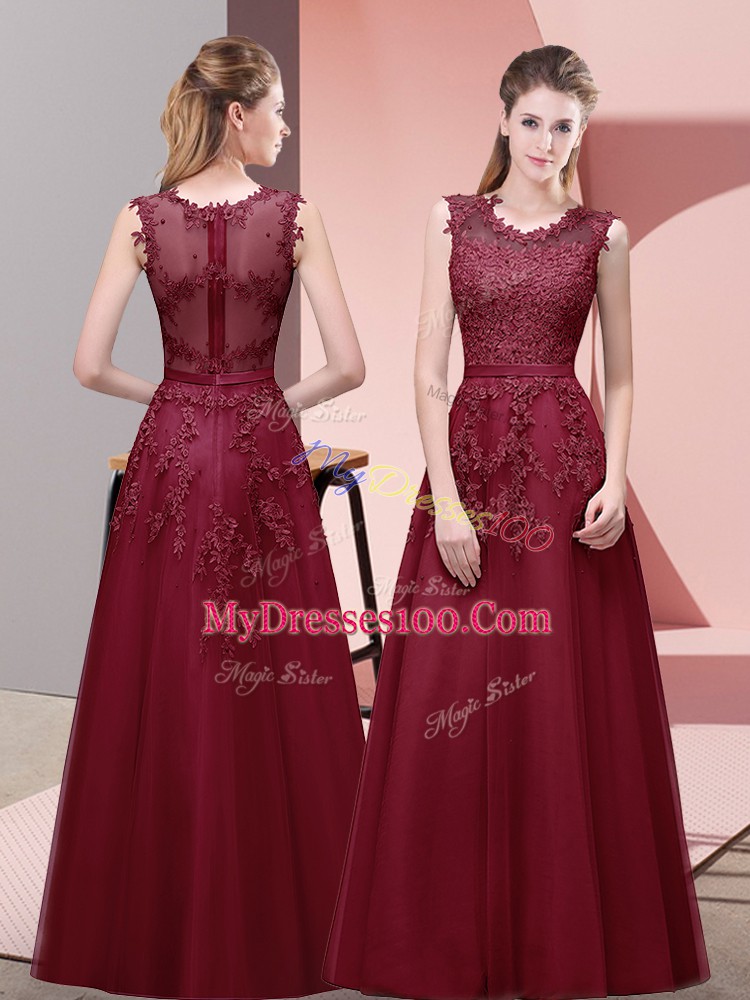 Luxury Scoop Sleeveless Tulle Prom Party Dress Lace and Appliques and Belt Zipper