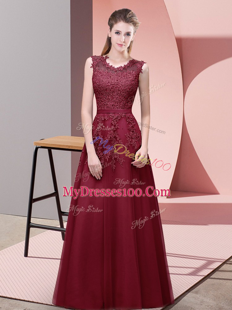 Luxury Scoop Sleeveless Tulle Prom Party Dress Lace and Appliques and Belt Zipper