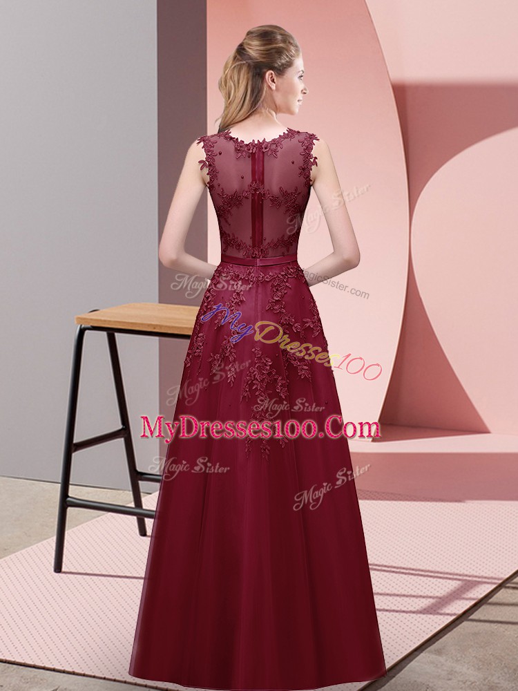 Luxury Scoop Sleeveless Tulle Prom Party Dress Lace and Appliques and Belt Zipper