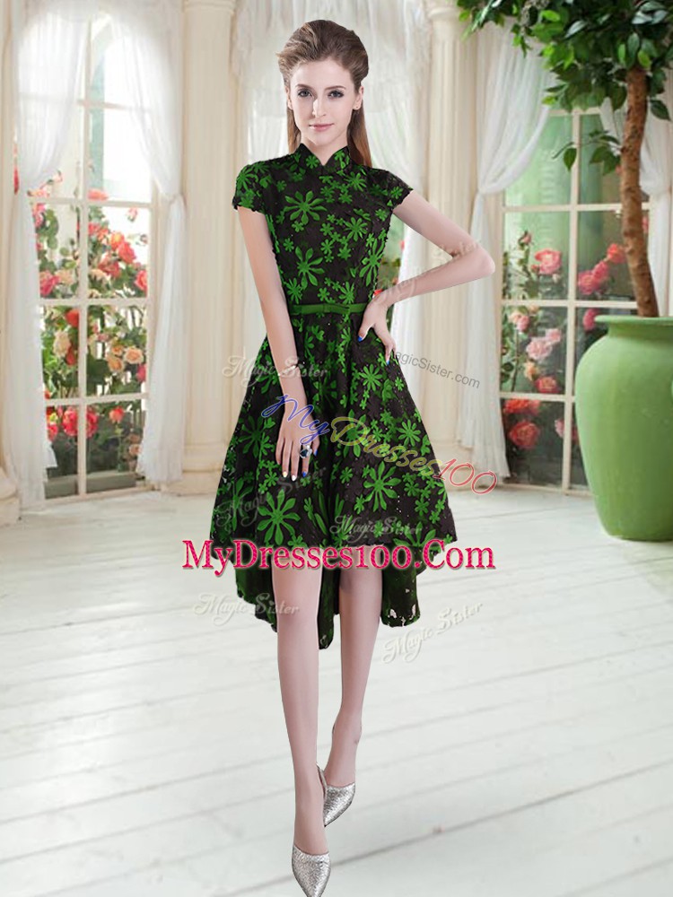 Short Sleeves High Low Appliques Zipper Prom Gown with Multi-color