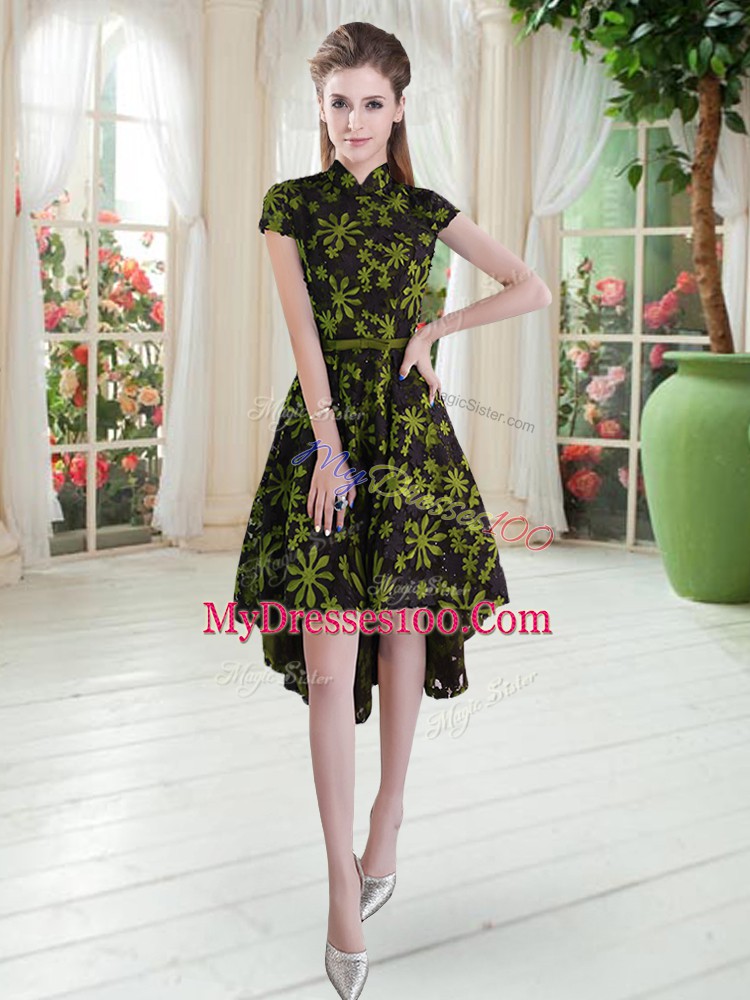Glittering Multi-color High-neck Zipper Appliques Dress for Prom Short Sleeves