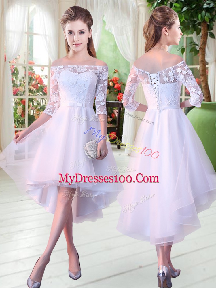 White A-line Tulle Off The Shoulder Half Sleeves Appliques High Low Lace Up Dress for Prom