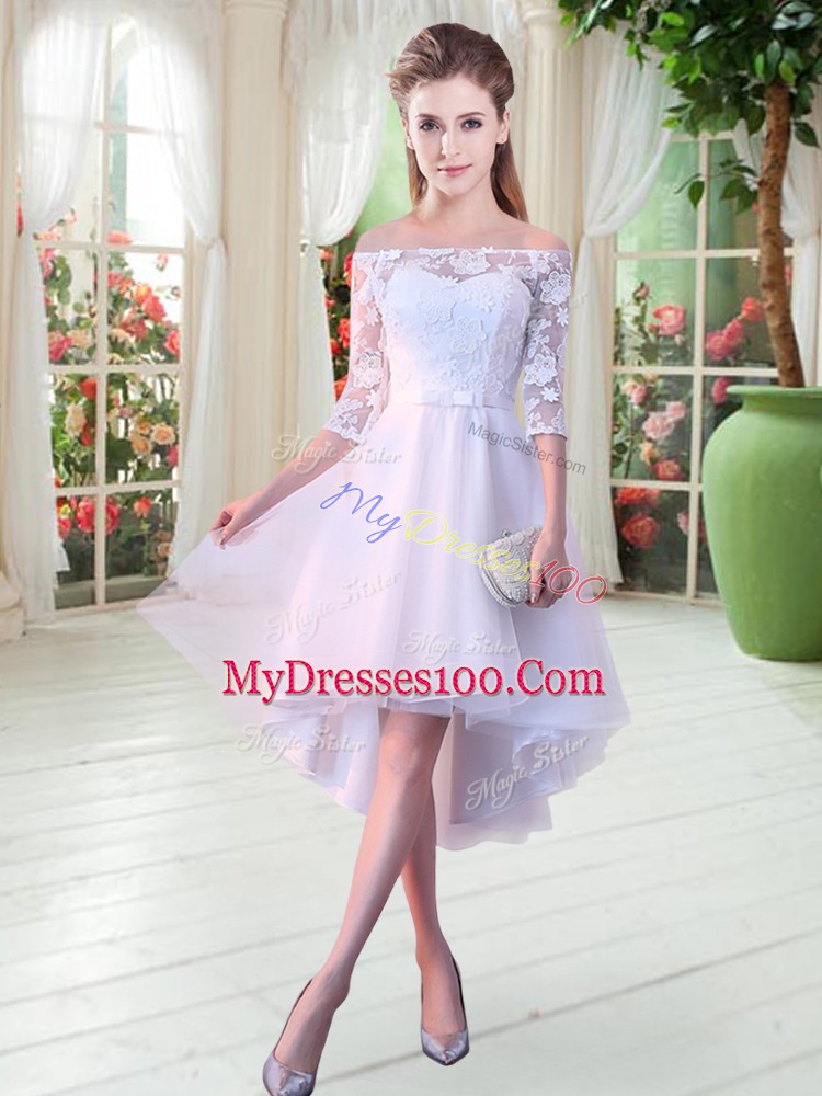 White A-line Tulle Off The Shoulder Half Sleeves Appliques High Low Lace Up Dress for Prom