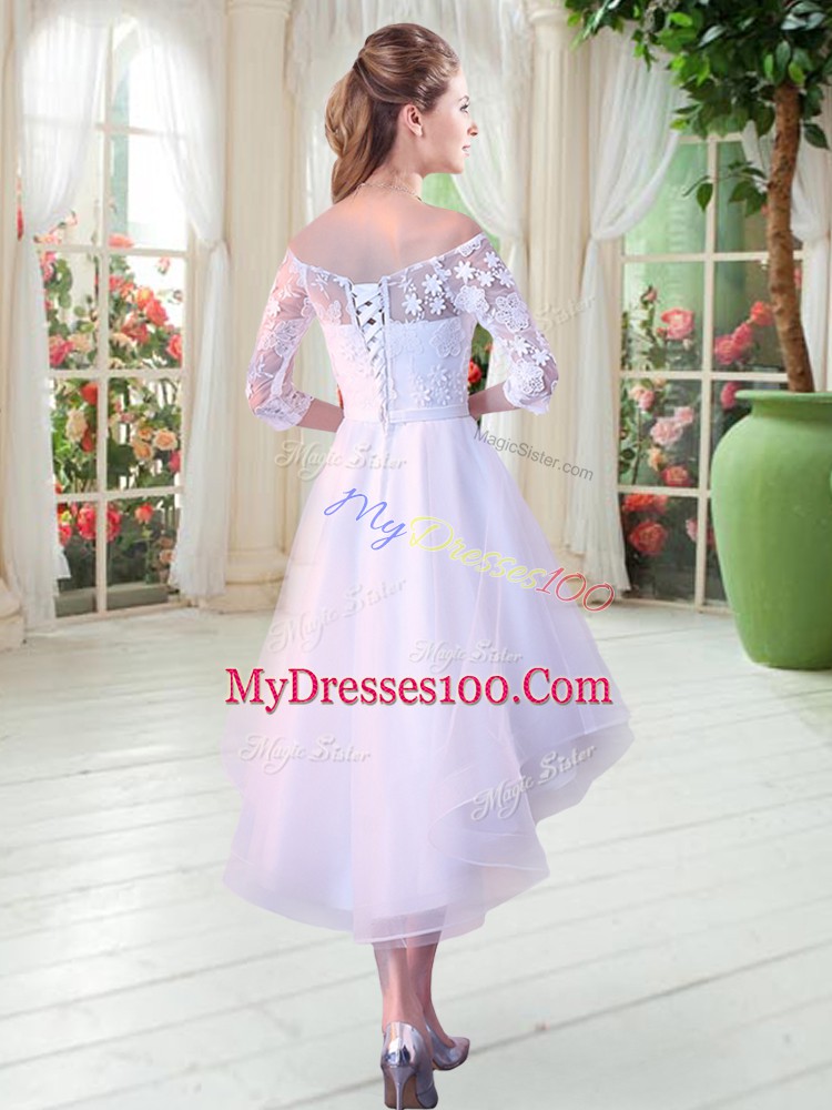 White A-line Tulle Off The Shoulder Half Sleeves Appliques High Low Lace Up Dress for Prom