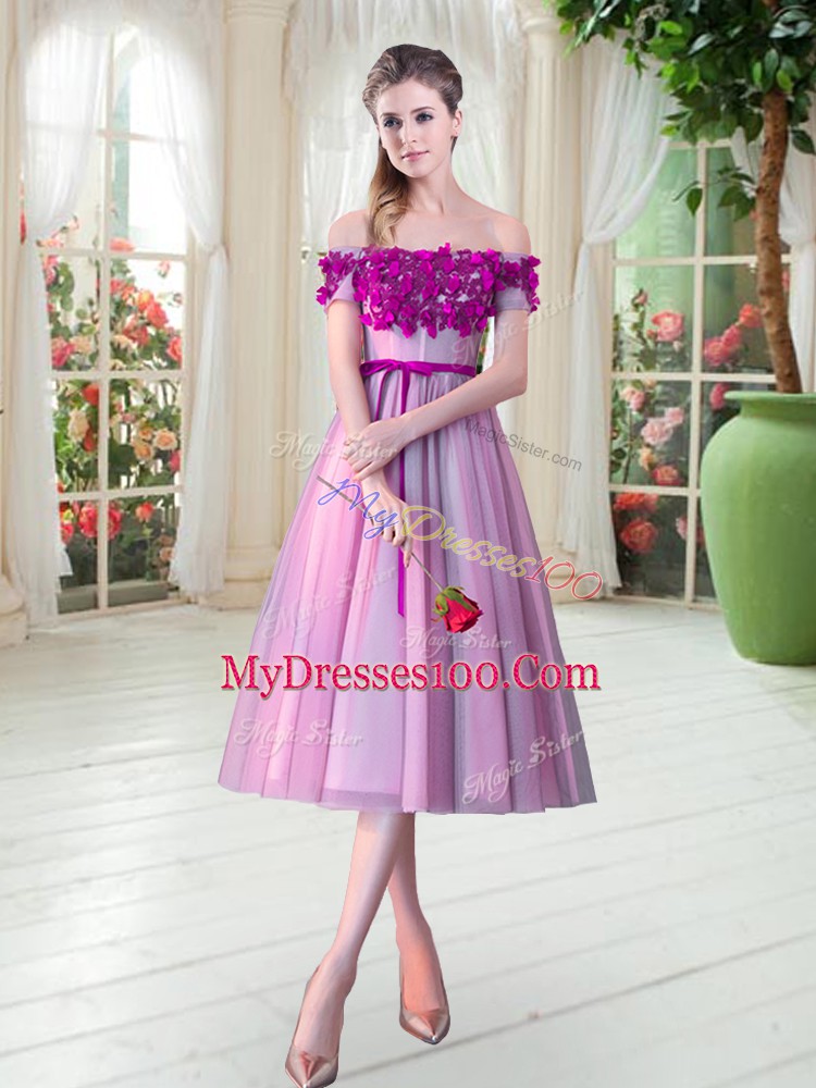 Rose Pink Lace Up Prom Gown Appliques Sleeveless Tea Length