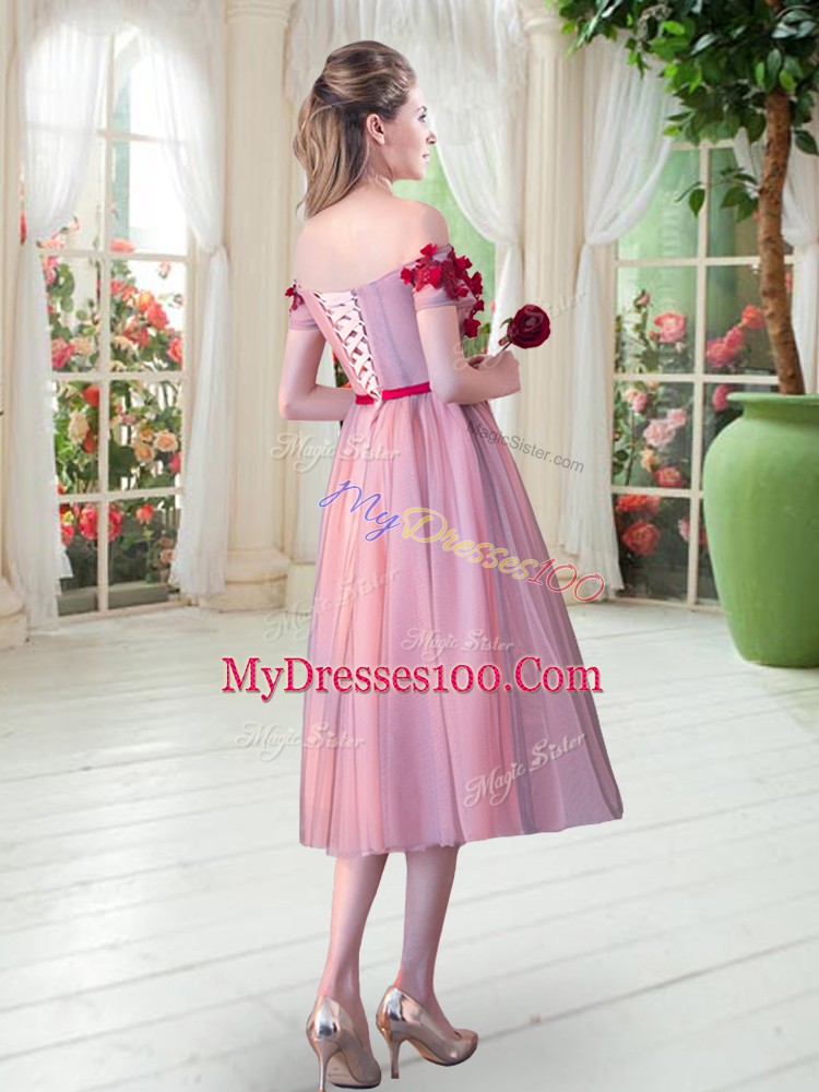 Rose Pink Lace Up Prom Gown Appliques Sleeveless Tea Length