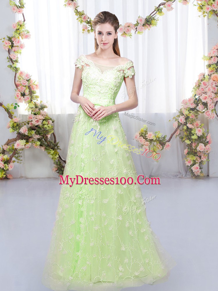 Dynamic Cap Sleeves Tulle Floor Length Lace Up Court Dresses for Sweet 16 in Yellow Green with Appliques