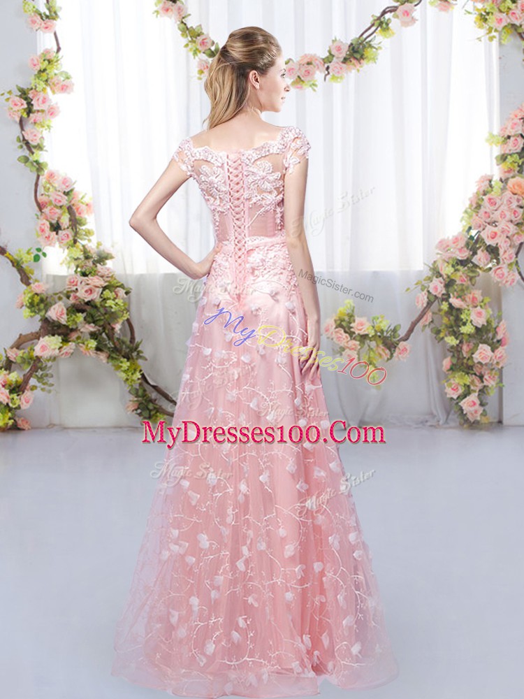 Dynamic Cap Sleeves Tulle Floor Length Lace Up Court Dresses for Sweet 16 in Yellow Green with Appliques