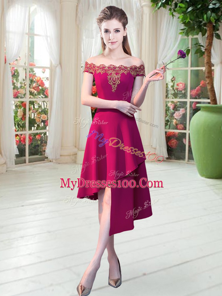 Pretty Satin Sleeveless Asymmetrical Prom Dresses and Appliques