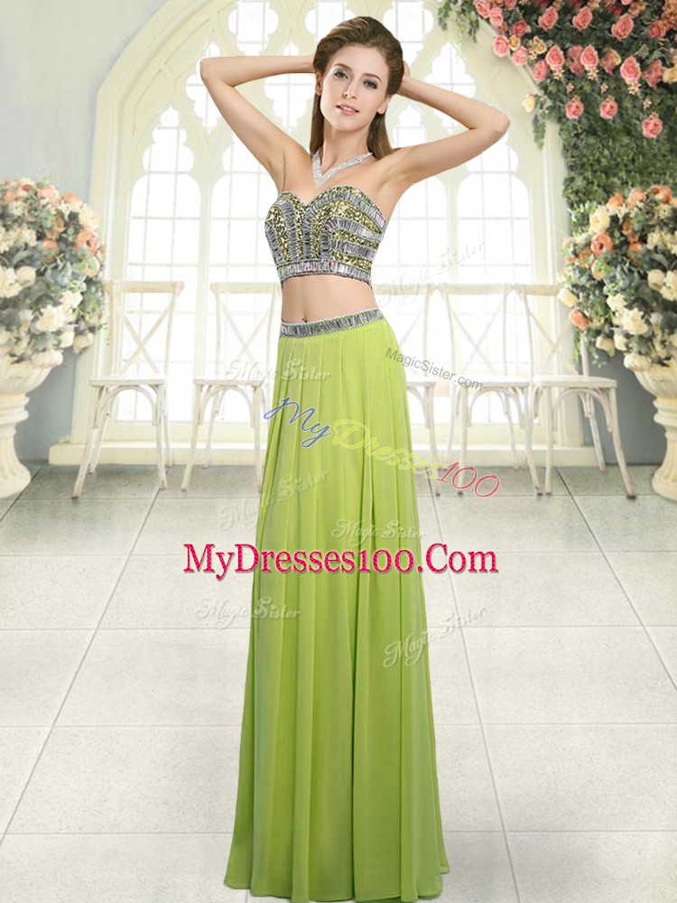 Olive Green Chiffon Backless Sweetheart Sleeveless Floor Length Beading