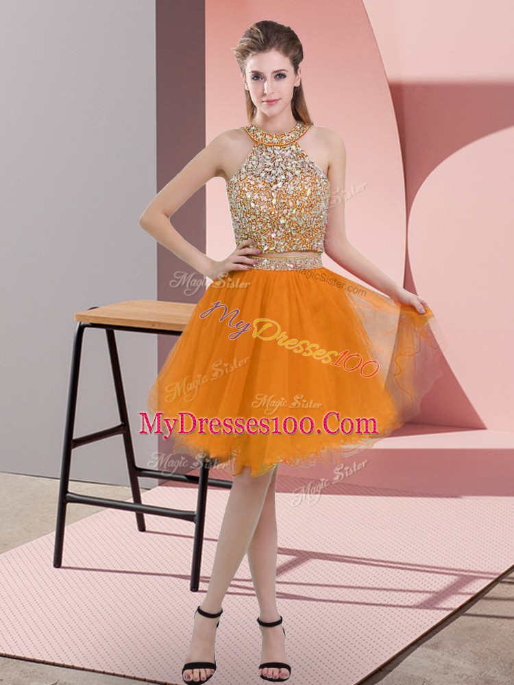 Great Organza Sleeveless Knee Length Prom Evening Gown and Beading