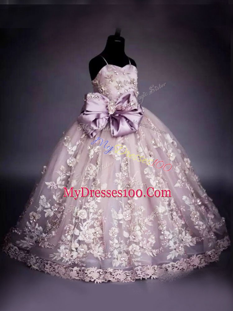Perfect Floor Length Lace Up Pageant Dress for Teens Pink for Wedding Party with Beading and Bowknot