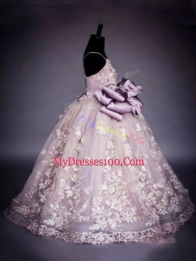 Perfect Floor Length Lace Up Pageant Dress for Teens Pink for Wedding Party with Beading and Bowknot