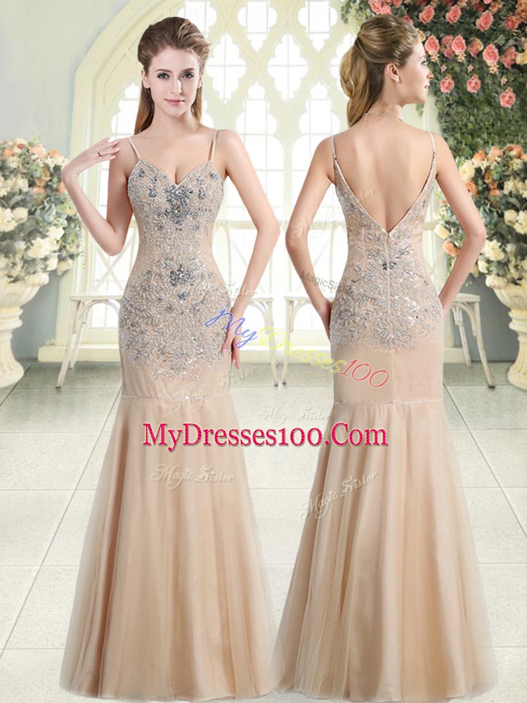 Floor Length Champagne Dress for Prom Tulle Sleeveless Beading