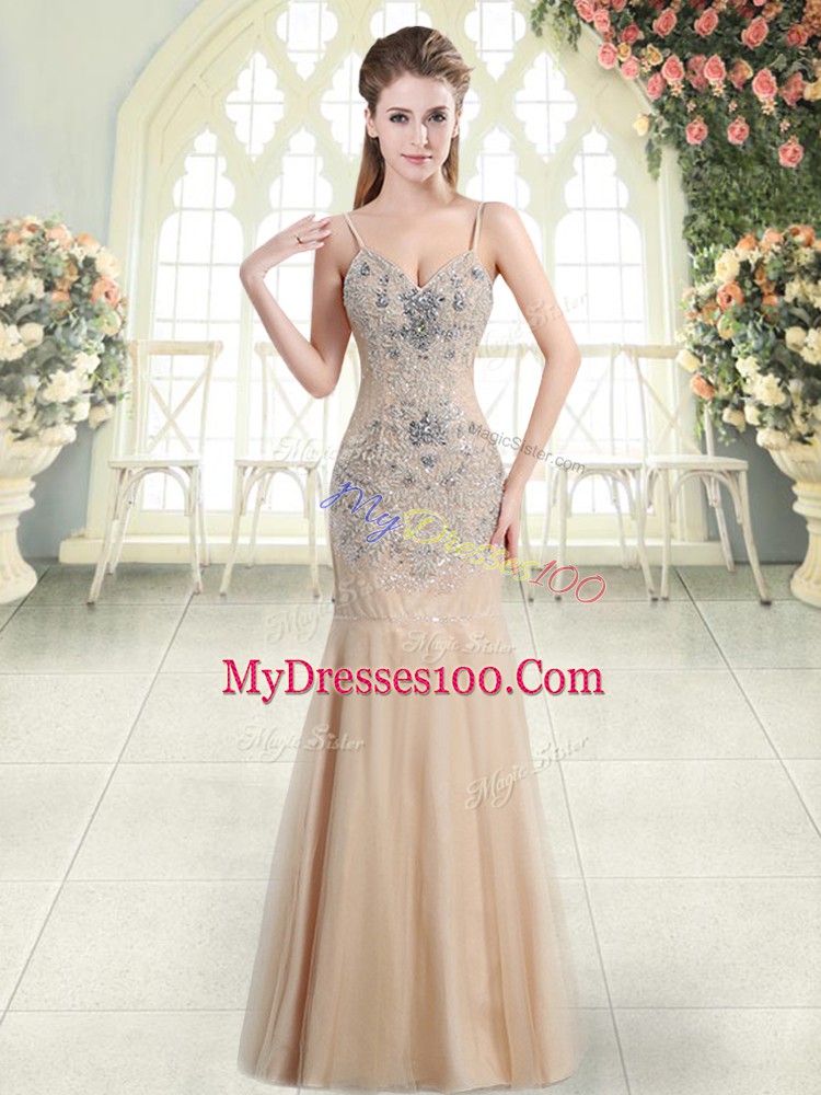Floor Length Champagne Dress for Prom Tulle Sleeveless Beading