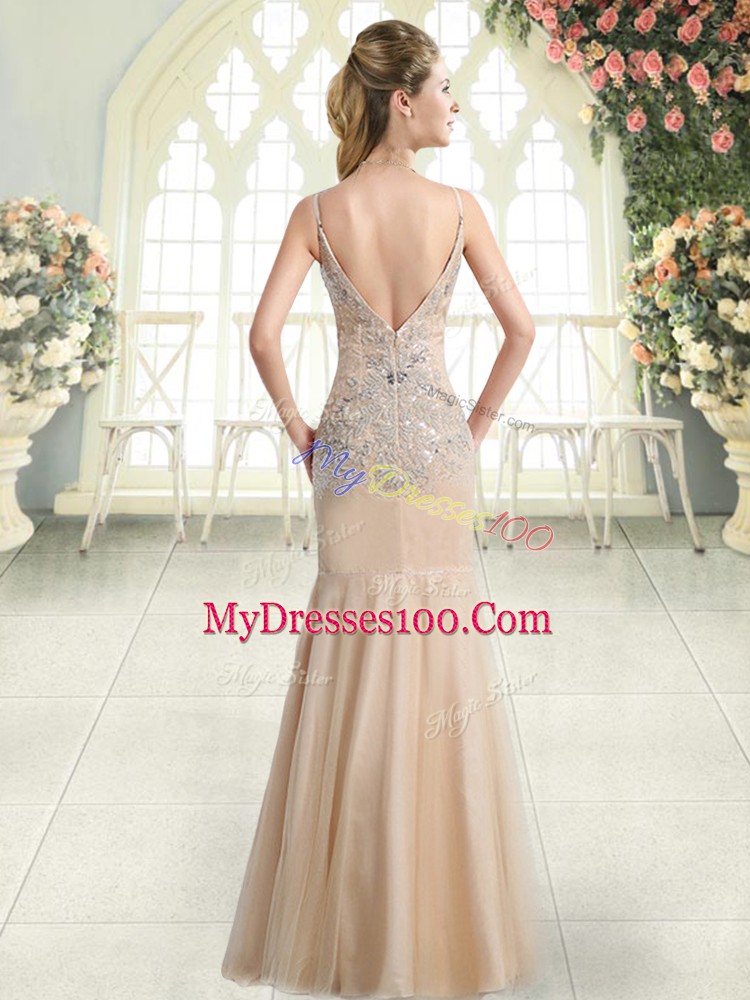 Floor Length Champagne Dress for Prom Tulle Sleeveless Beading