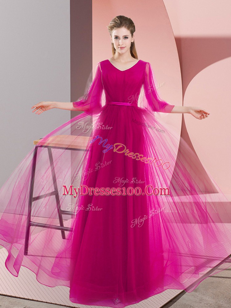Luxury Pink and Fuchsia Long Sleeves Tulle Zipper Evening Dress for Prom and Party