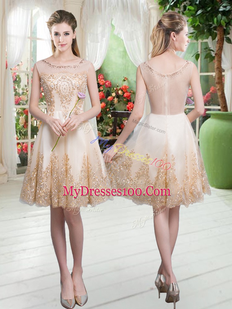 Champagne Tulle Zipper Scoop Sleeveless Knee Length Prom Party Dress Beading and Appliques