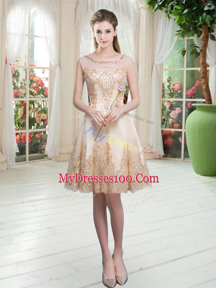 Champagne Tulle Zipper Scoop Sleeveless Knee Length Prom Party Dress Beading and Appliques