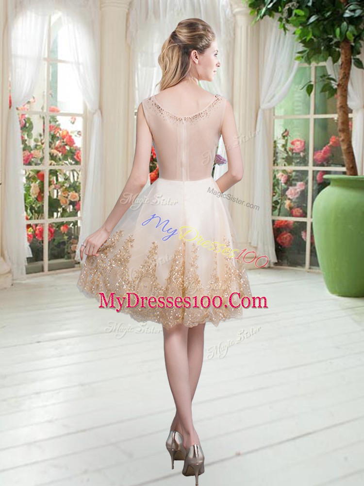 Champagne Tulle Zipper Scoop Sleeveless Knee Length Prom Party Dress Beading and Appliques