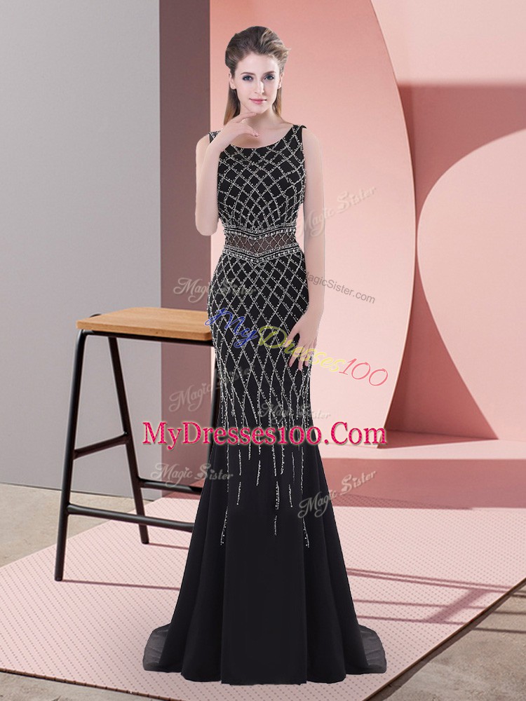 Sleeveless Chiffon Floor Length Backless Evening Outfits in Black with Beading